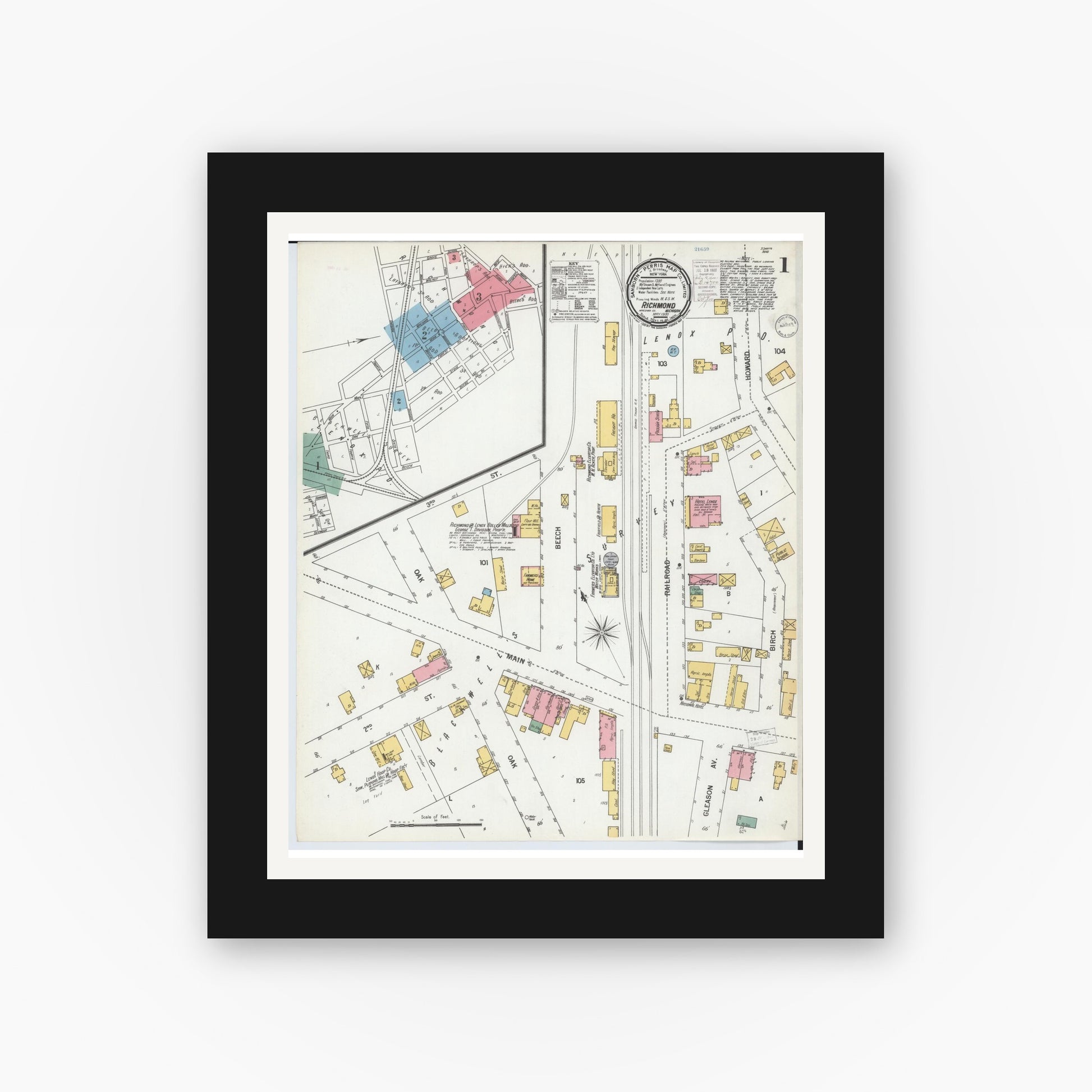 Old map wall art mockup — black gallery frame with white mat — Sanborn Fire Insurance Map from Richmond, Macomb County, Michigan (1900) - Complete Map Set