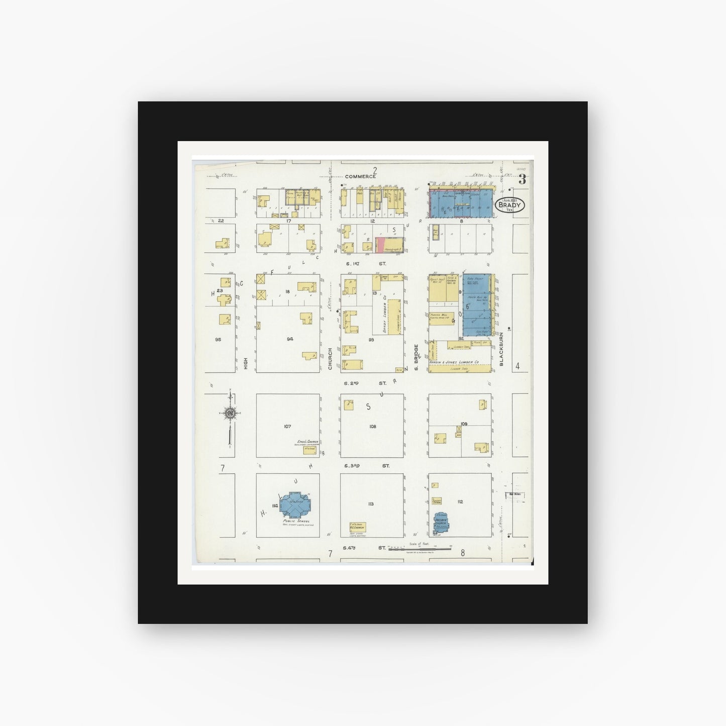 Old map wall art mockup — black gallery frame with white mat — Sanborn Fire Insurance Map from Brady, McCulloch County, Texas (1921), Sheet #0003
