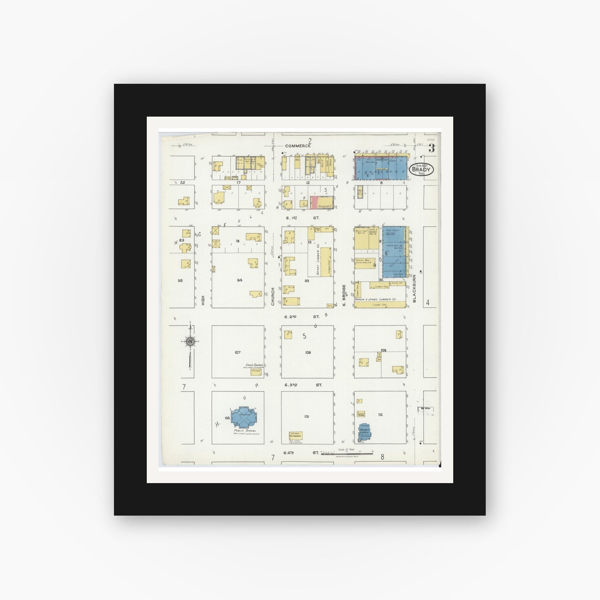 Old map wall art mockup — black gallery frame with white mat — Sanborn Fire Insurance Map from Brady, McCulloch County, Texas (1921), Sheet #0003