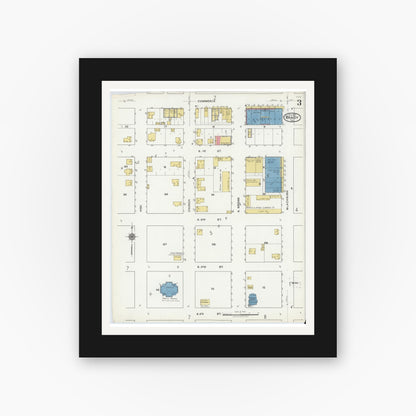 Old map wall art mockup — black gallery frame with white mat — Sanborn Fire Insurance Map from Brady, McCulloch County, Texas (1921), Sheet #0003