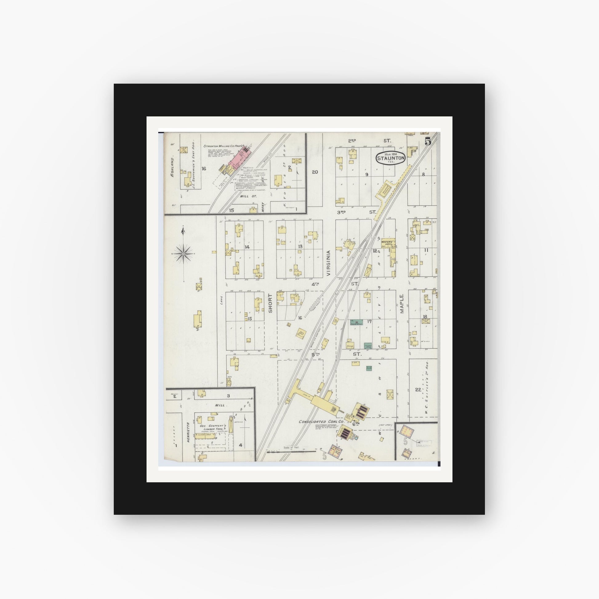 Old map wall art mockup — black gallery frame with white mat — Sanborn Fire Insurance Map from Staunton, Macoupin County, Illinois (1894), Sheet #0005