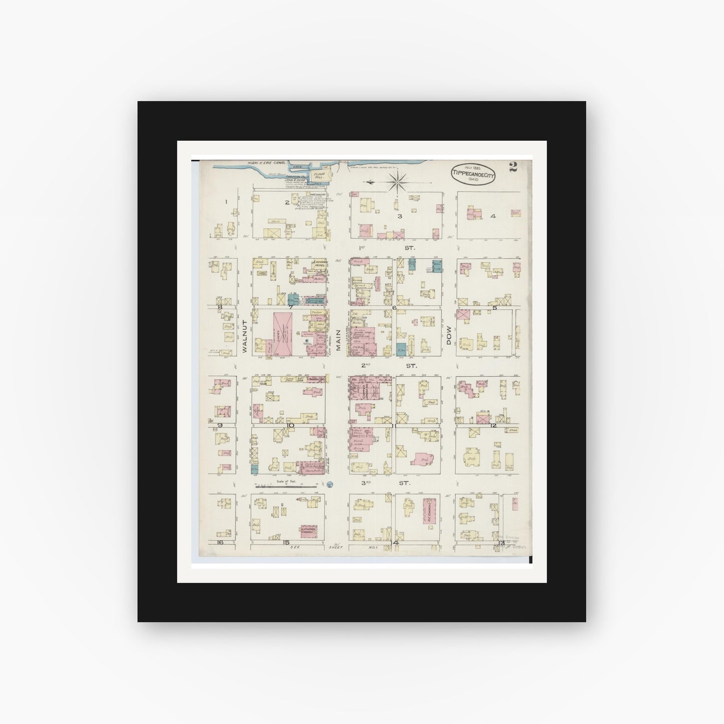 Old map wall art mockup — black gallery frame with white mat — Sanborn Fire Insurance Map from Tipp City, Miami County, Ohio (1885), Sheet #0002