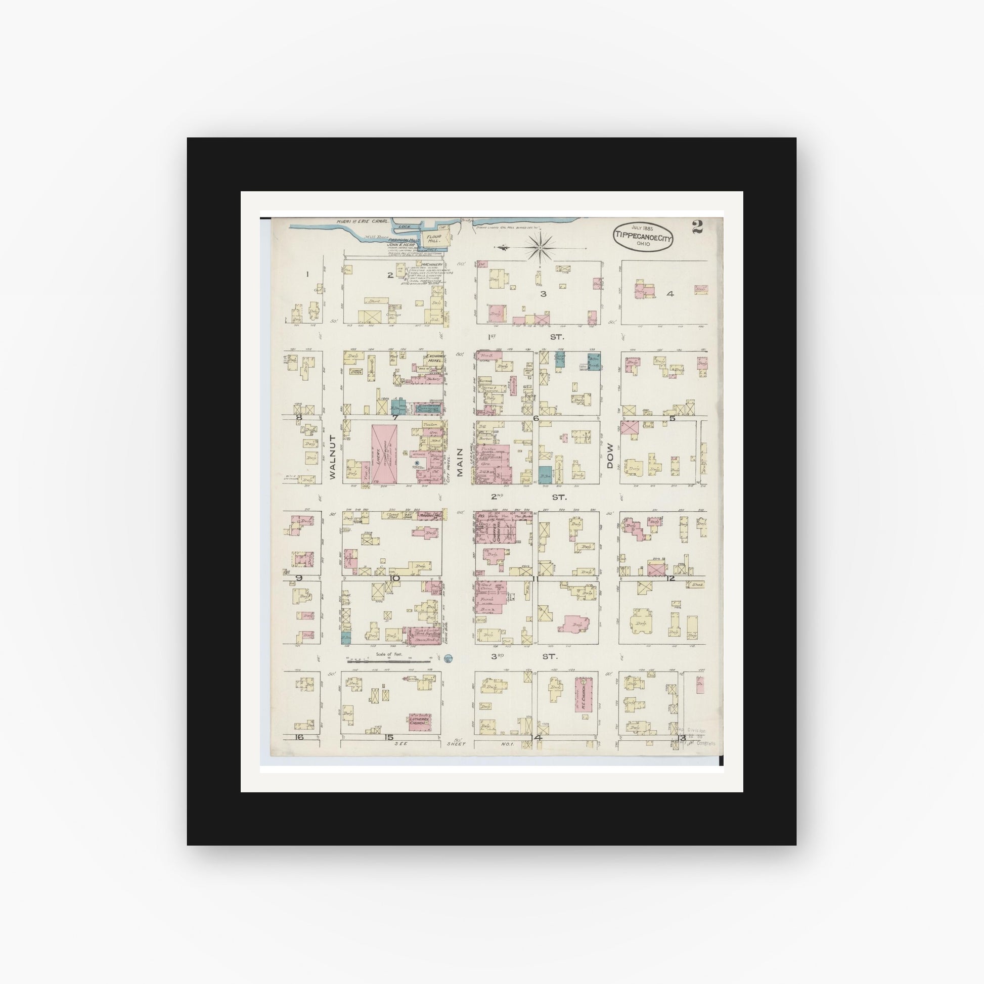 Old map wall art mockup — black gallery frame with white mat — Sanborn Fire Insurance Map from Tipp City, Miami County, Ohio (1885), Sheet #0002