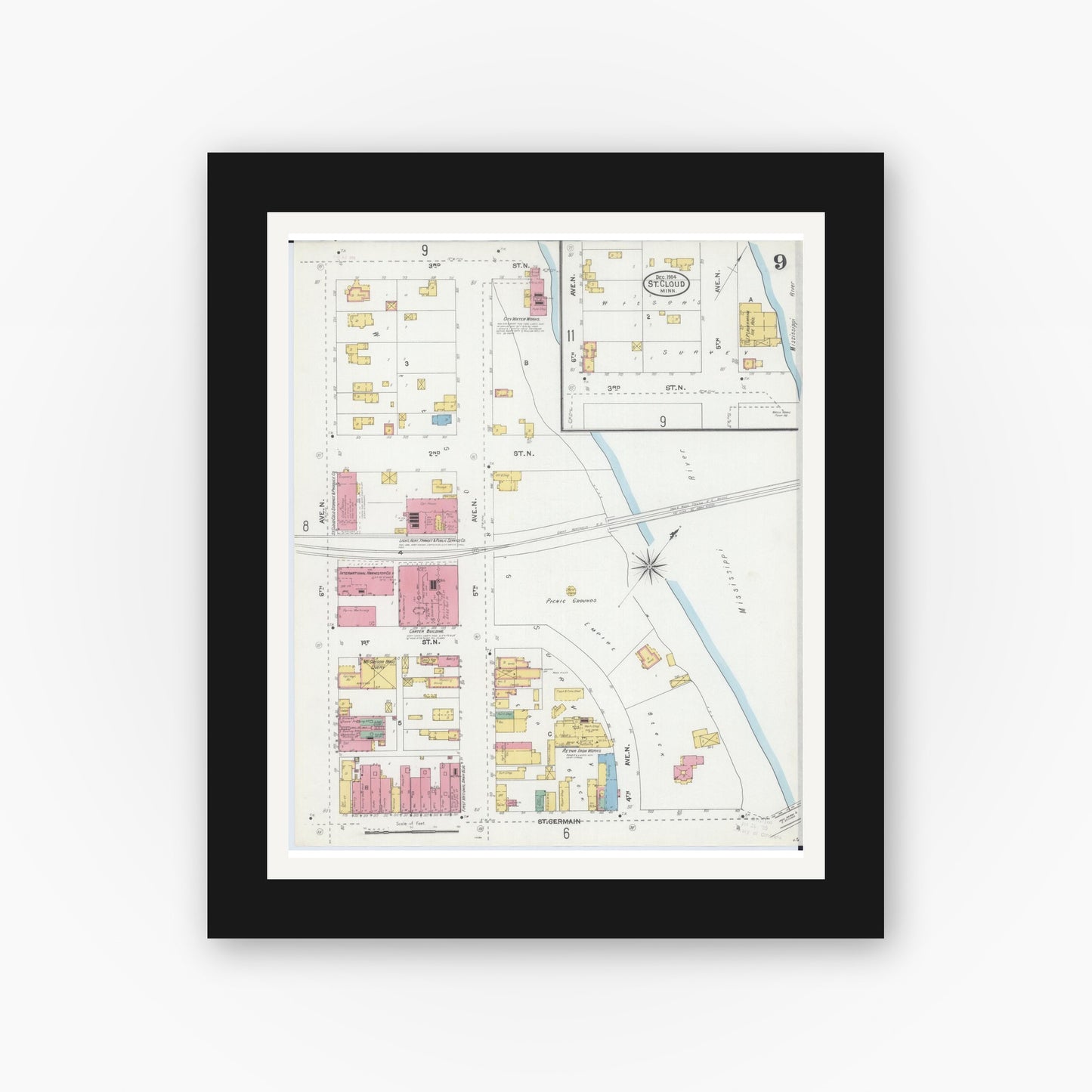Old map wall art mockup — black gallery frame with white mat — Sanborn Fire Insurance Map from Saint Cloud, Stearns, Benton, and Sherburne Counties, Minnesota (1904), Sheet #0009