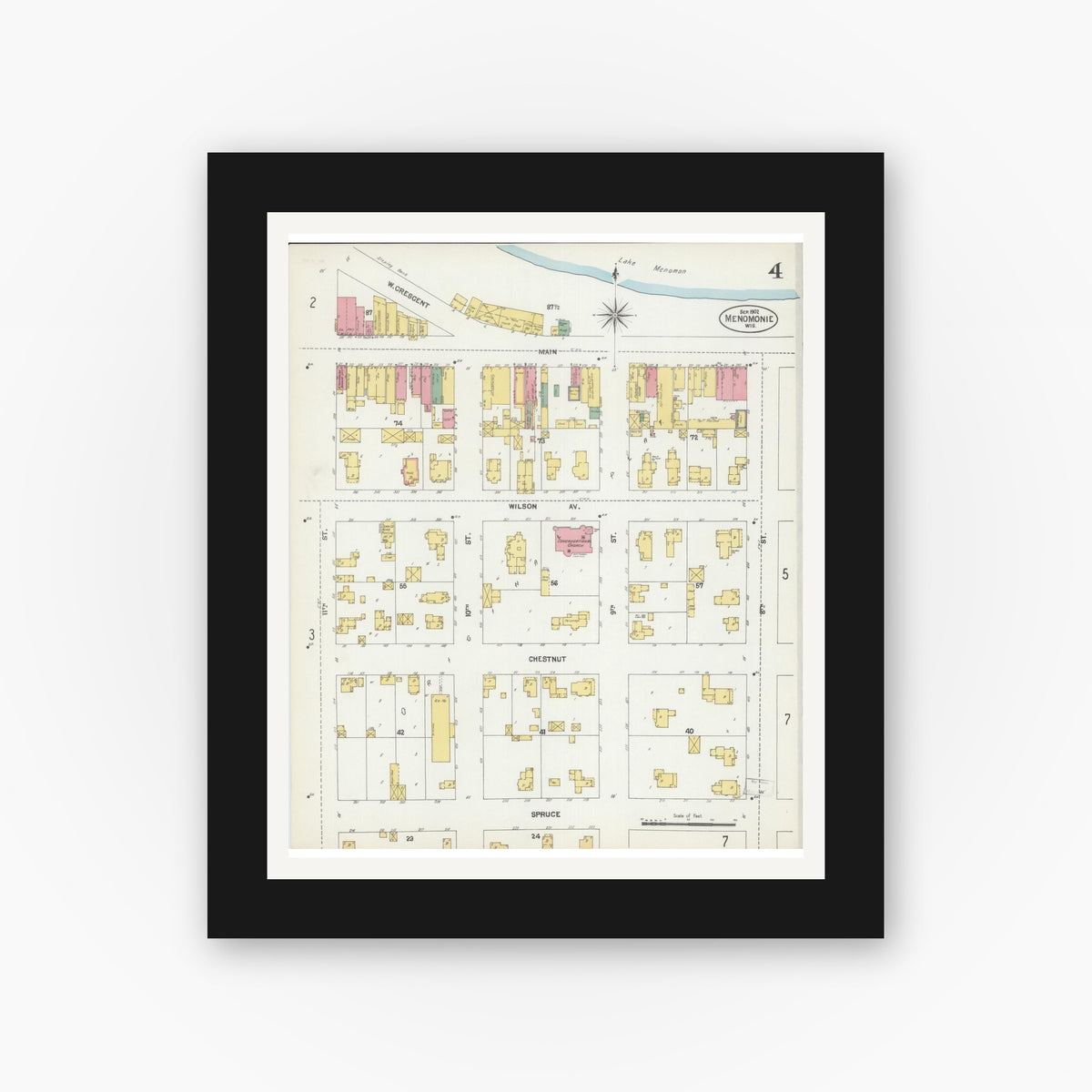 Old map wall art mockup — black gallery frame with white mat — Sanborn Fire Insurance Map from Menomonie, Dunn County, Wisconsin (1902), Sheet #0004