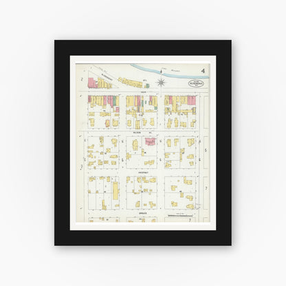 Old map wall art mockup — black gallery frame with white mat — Sanborn Fire Insurance Map from Menomonie, Dunn County, Wisconsin (1902), Sheet #0004