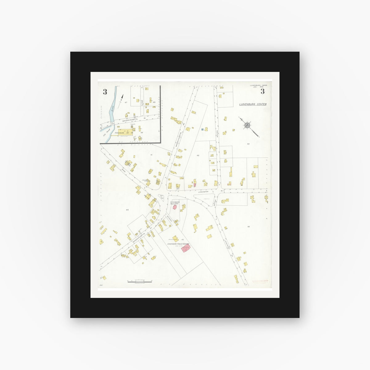 Old map wall art mockup — black gallery frame with white mat — Sanborn Fire Insurance Map from Lunenburg, Worcester County, Massachusetts (1936), Sheet #0003