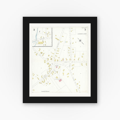 Old map wall art mockup — black gallery frame with white mat — Sanborn Fire Insurance Map from Lunenburg, Worcester County, Massachusetts (1936), Sheet #0003