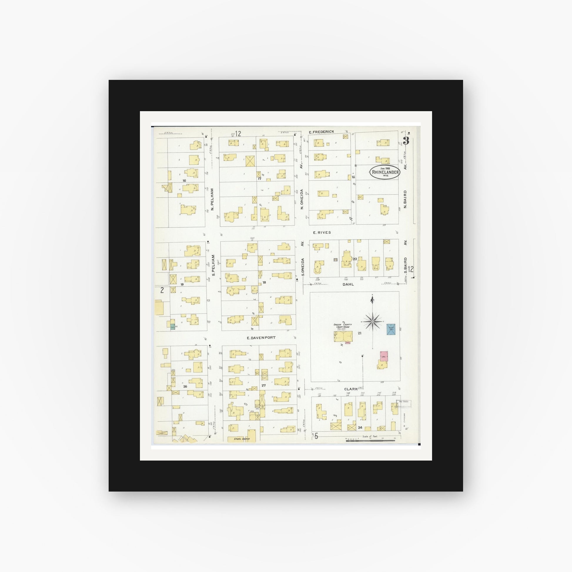 Old map wall art mockup — black gallery frame with white mat — Sanborn Fire Insurance Map from Rhinelander, Oneida County, Wisconsin (1908), Sheet #0003