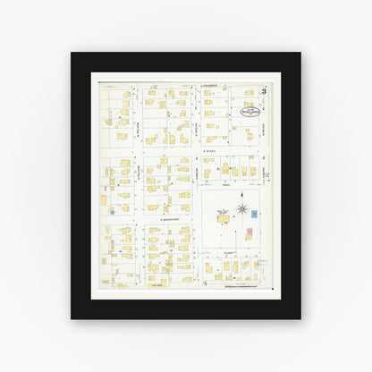 Old map wall art mockup — black gallery frame with white mat — Sanborn Fire Insurance Map from Rhinelander, Oneida County, Wisconsin (1908), Sheet #0003