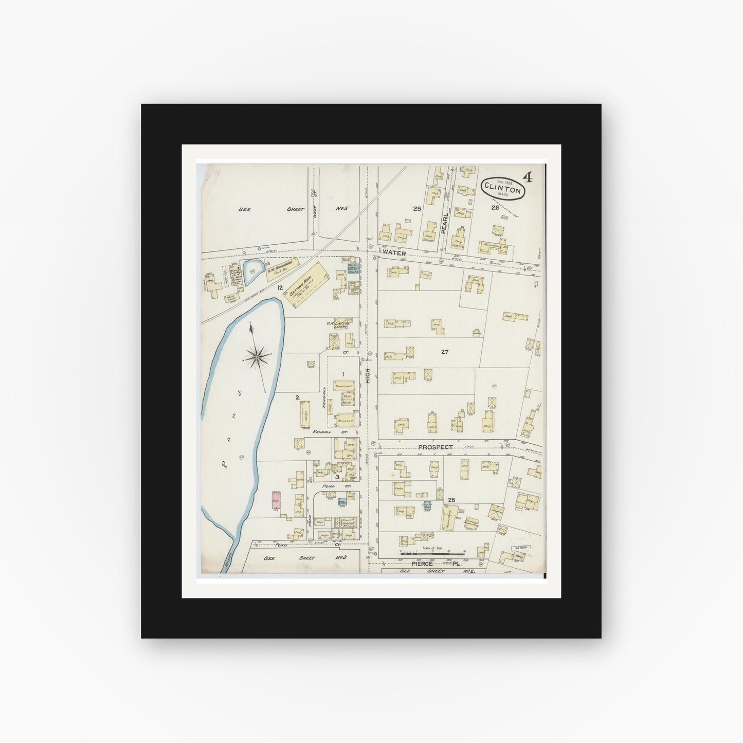Old map wall art mockup — black gallery frame with white mat — Sanborn Fire Insurance Map from Clinton, Worcester County, Massachusetts (1888), Sheet #0004