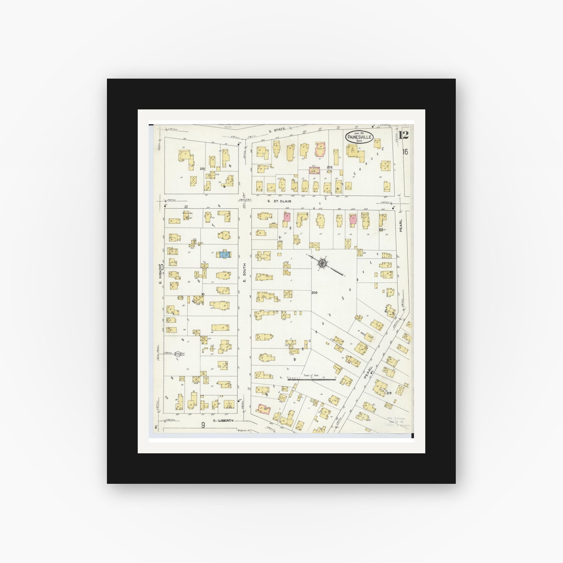 Old map wall art mockup — black gallery frame with white mat — Sanborn Fire Insurance Map from Painesville, Lake County, Ohio (1911), Sheet #0012