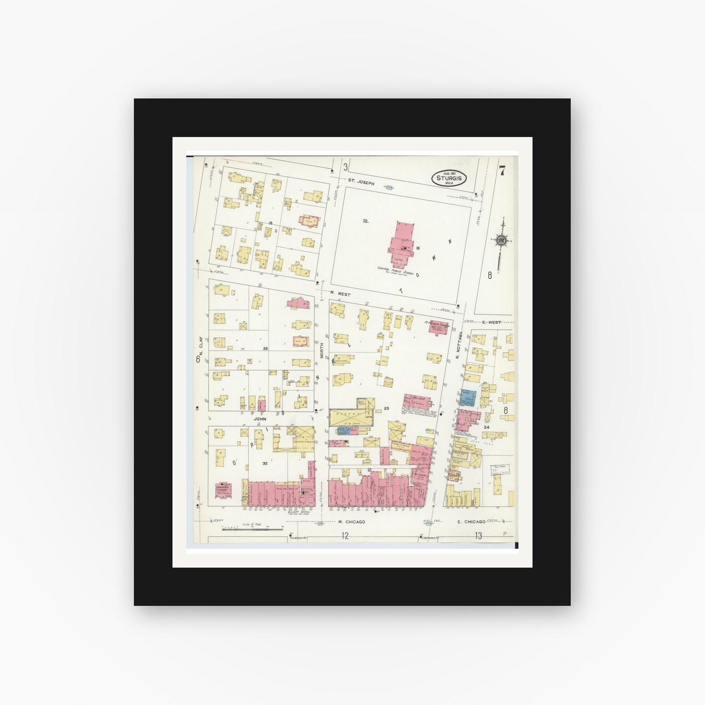 Old map wall art mockup — black gallery frame with white mat — Sanborn Fire Insurance Map from Sturgis, Saint Joseph County, Michigan (1911), Sheet #0007