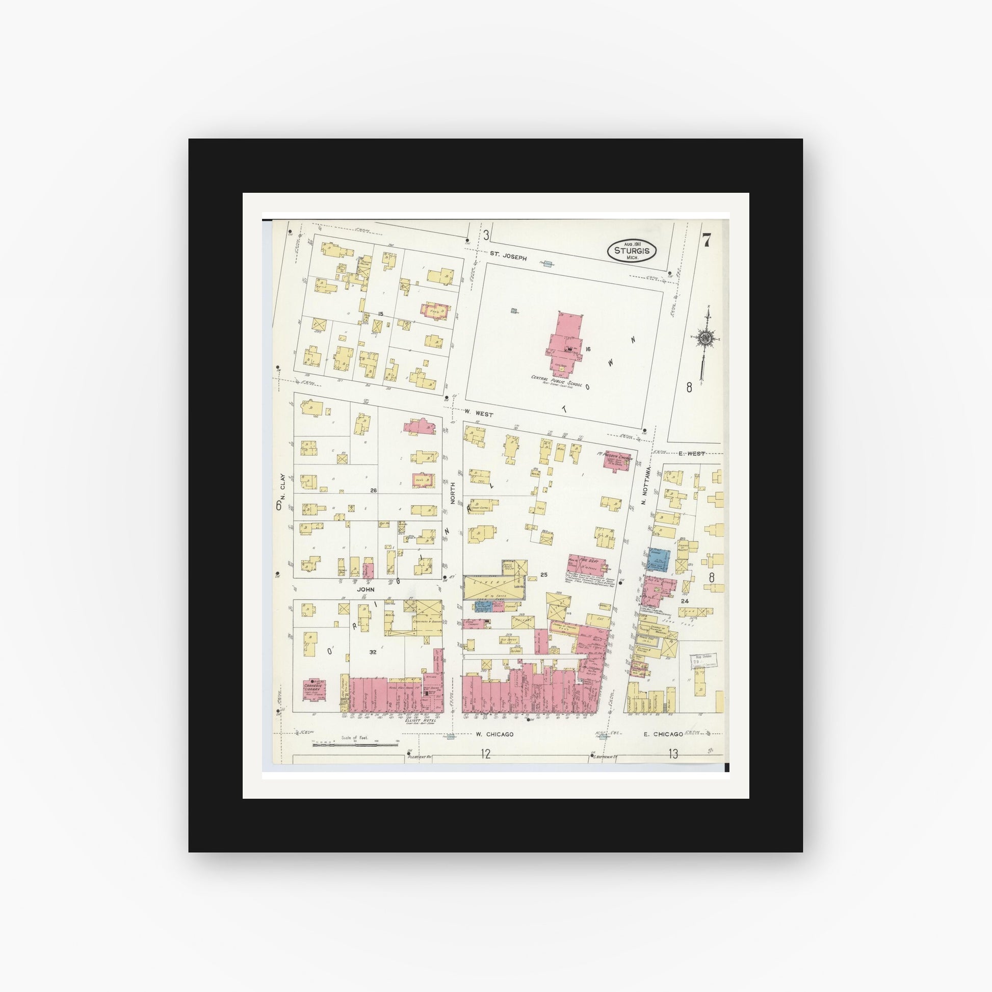 Old map wall art mockup — black gallery frame with white mat — Sanborn Fire Insurance Map from Sturgis, Saint Joseph County, Michigan (1911), Sheet #0007