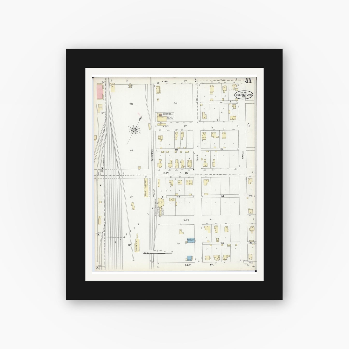 Old map wall art mockup — black gallery frame with white mat — Sanborn Fire Insurance Map from Beardstown, Cass County, Illinois (1906), Sheet #0011