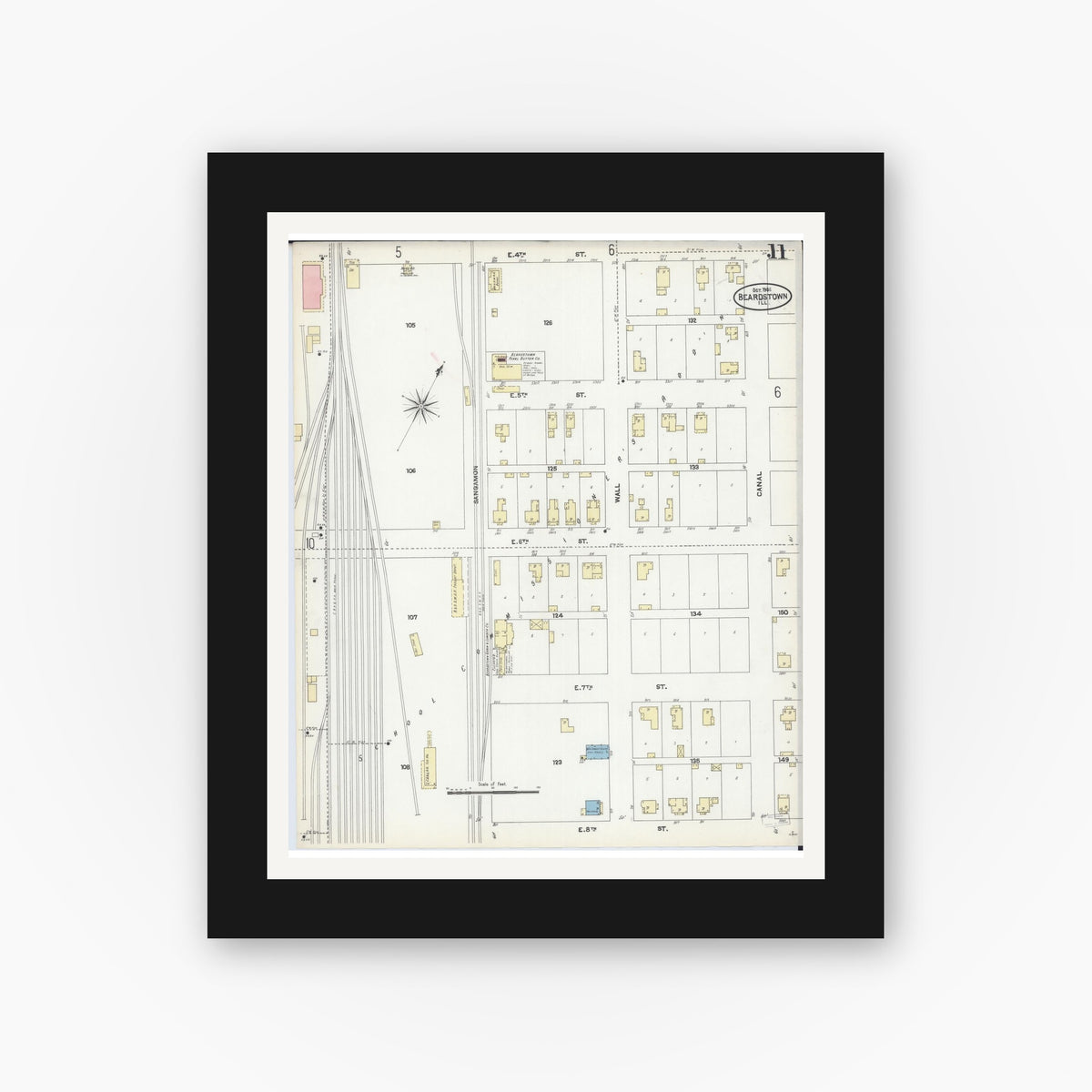 Old map wall art mockup — black gallery frame with white mat — Sanborn Fire Insurance Map from Beardstown, Cass County, Illinois (1906), Sheet #0011