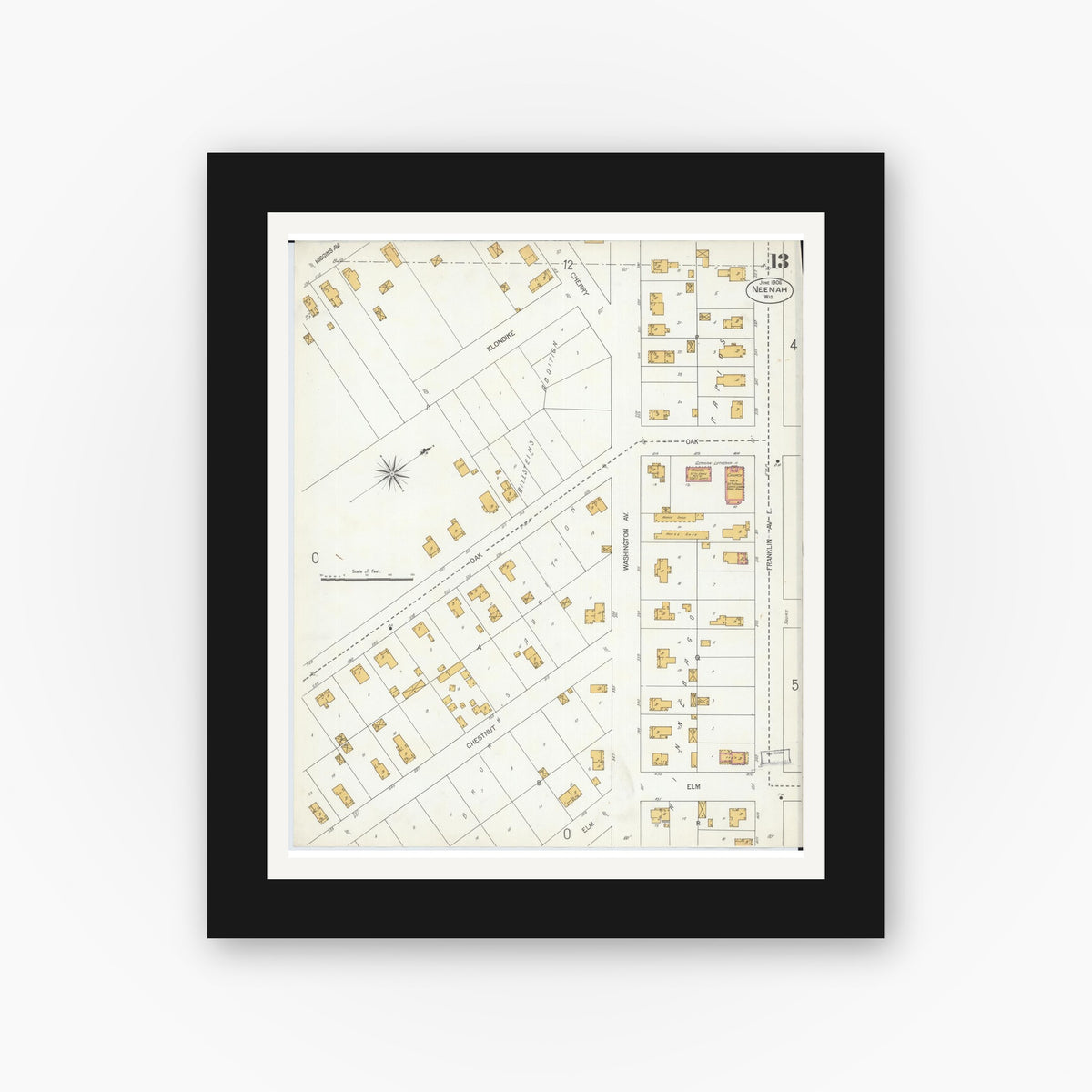 Old map wall art mockup — black gallery frame with white mat — Sanborn Fire Insurance Map from Neenah, Winnebago County, Wisconsin (1906), Sheet #0013