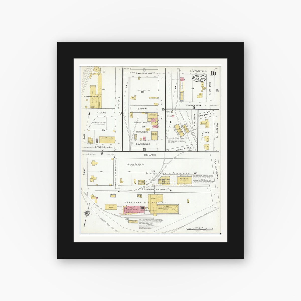 Old map wall art mockup — black gallery frame with white mat — Sanborn Fire Insurance Map from Cleburne, Johnson County, Texas (1918), Sheet #0010