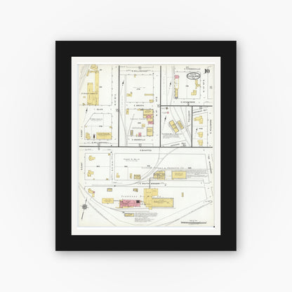 Old map wall art mockup — black gallery frame with white mat — Sanborn Fire Insurance Map from Cleburne, Johnson County, Texas (1918), Sheet #0010
