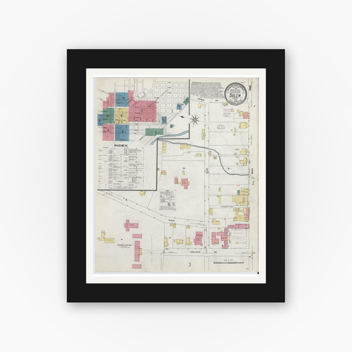 Old map wall art mockup — black gallery frame with white mat — Sanborn Fire Insurance Map from Salem, Independent Cities, Virginia (1908) - Complete Map Set