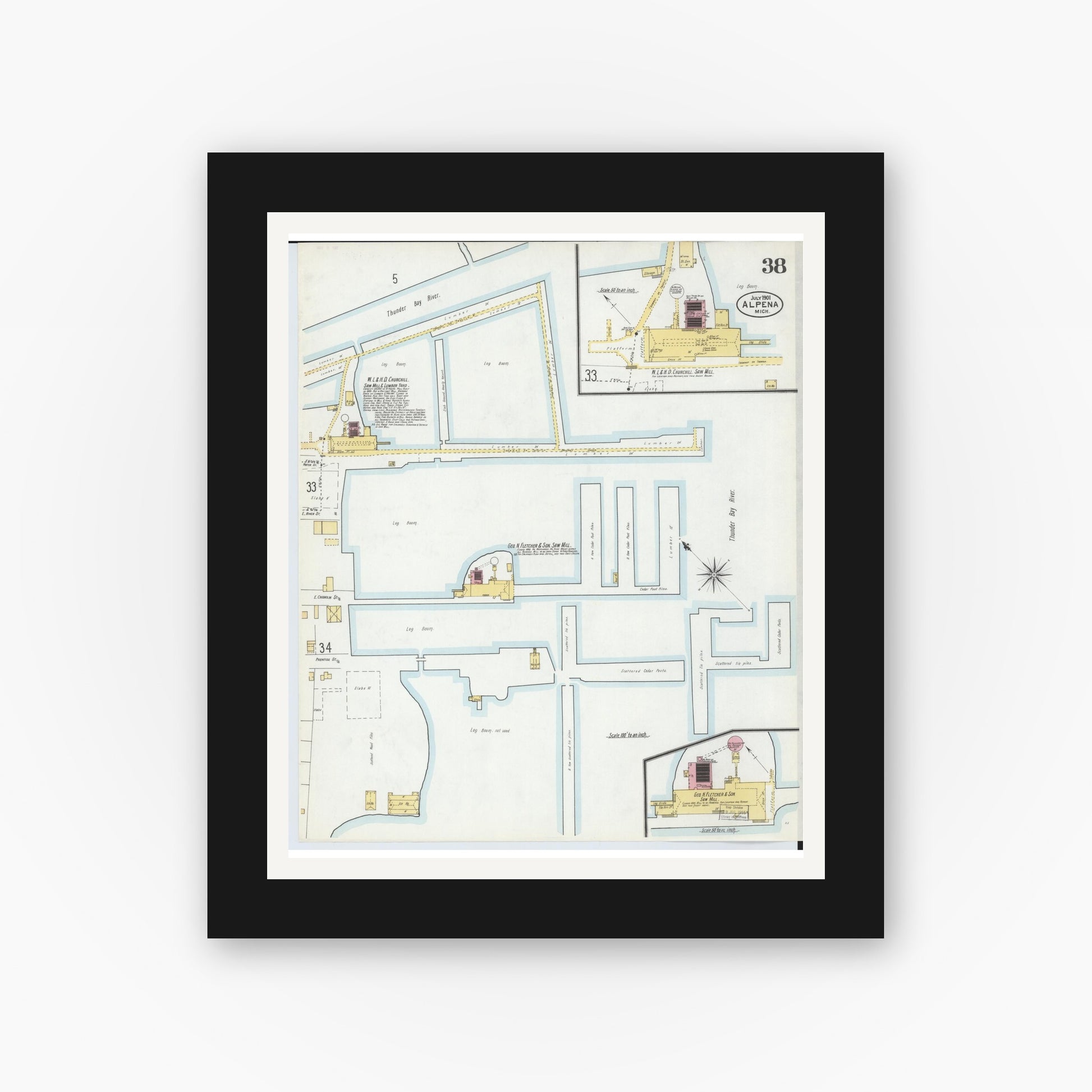 Old map wall art mockup — black gallery frame with white mat — Sanborn Fire Insurance Map from Alpena, Alpena County, Michigan (1901), Sheet #0038