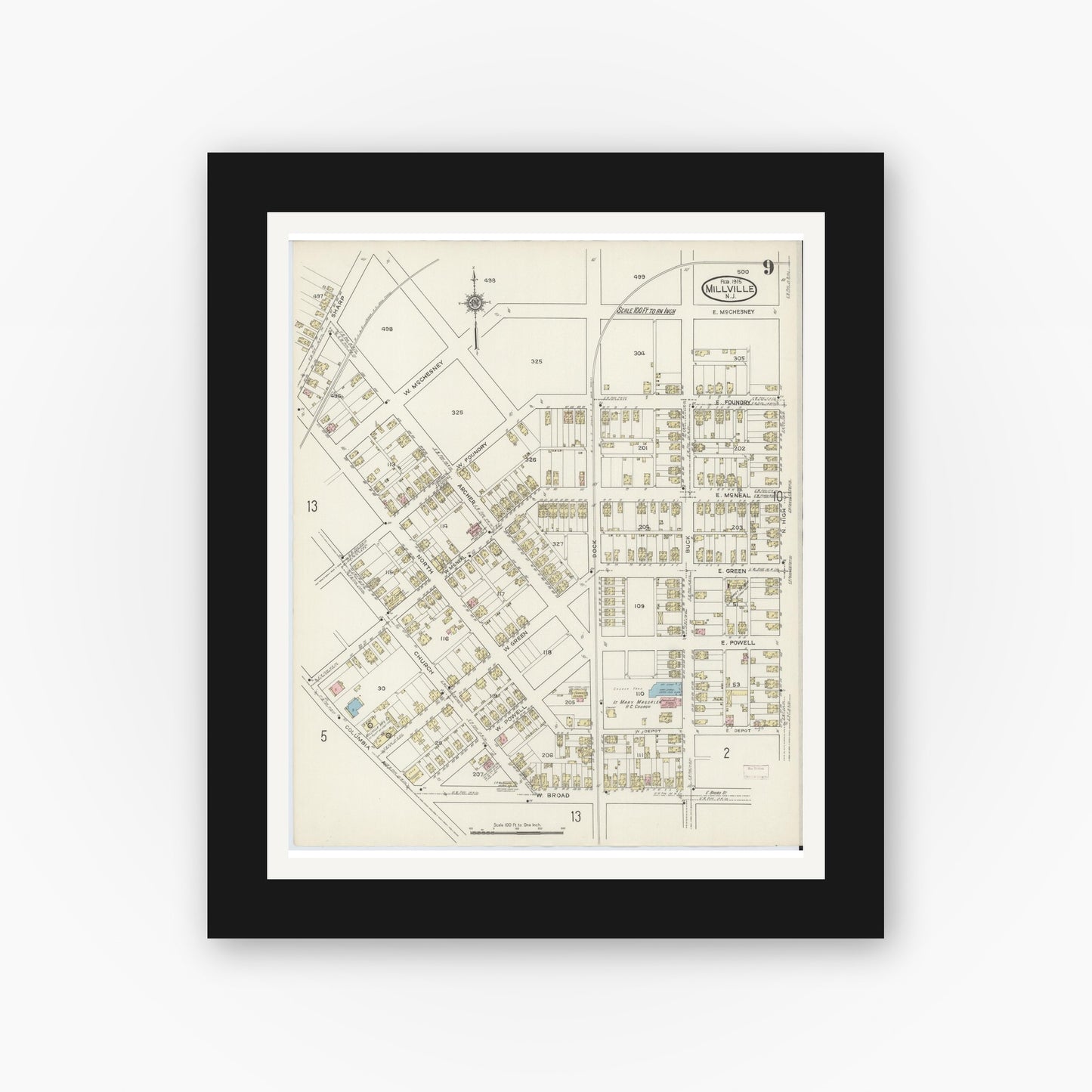 Old map wall art mockup — black gallery frame with white mat — Sanborn Fire Insurance Map from Millville, Cumberland County, New Jersey (1915), Sheet #0009
