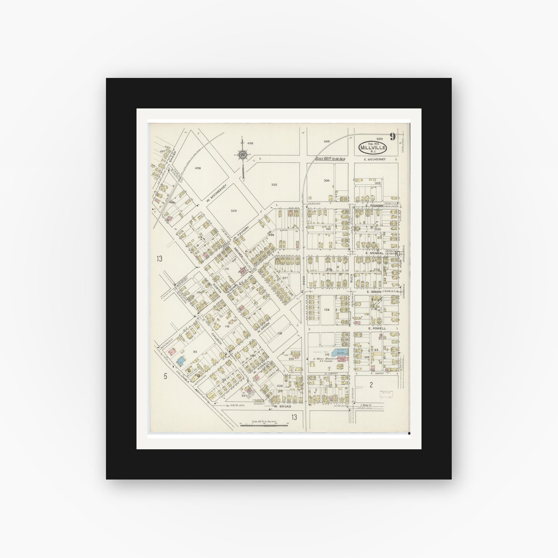 Old map wall art mockup — black gallery frame with white mat — Sanborn Fire Insurance Map from Millville, Cumberland County, New Jersey (1915), Sheet #0009