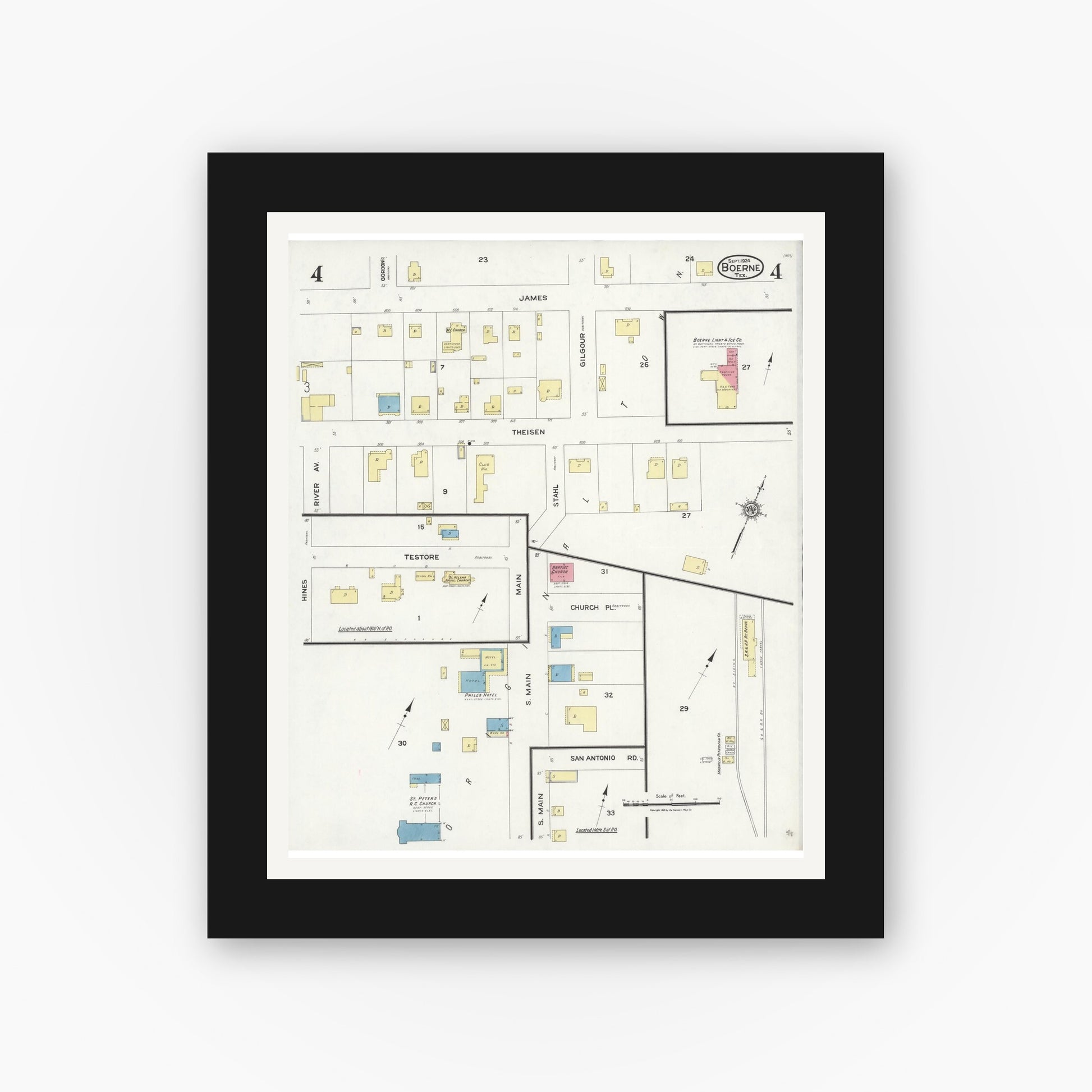 Old map wall art mockup — black gallery frame with white mat — Sanborn Fire Insurance Map from Boerne, Kendall County, Texas (1924), Sheet #0004