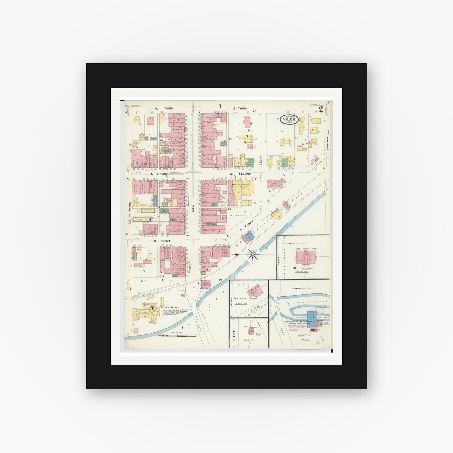 Old map wall art mockup — black gallery frame with white mat — Sanborn Fire Insurance Map from Niles, Berrien County, Michigan (1907), Sheet #0002