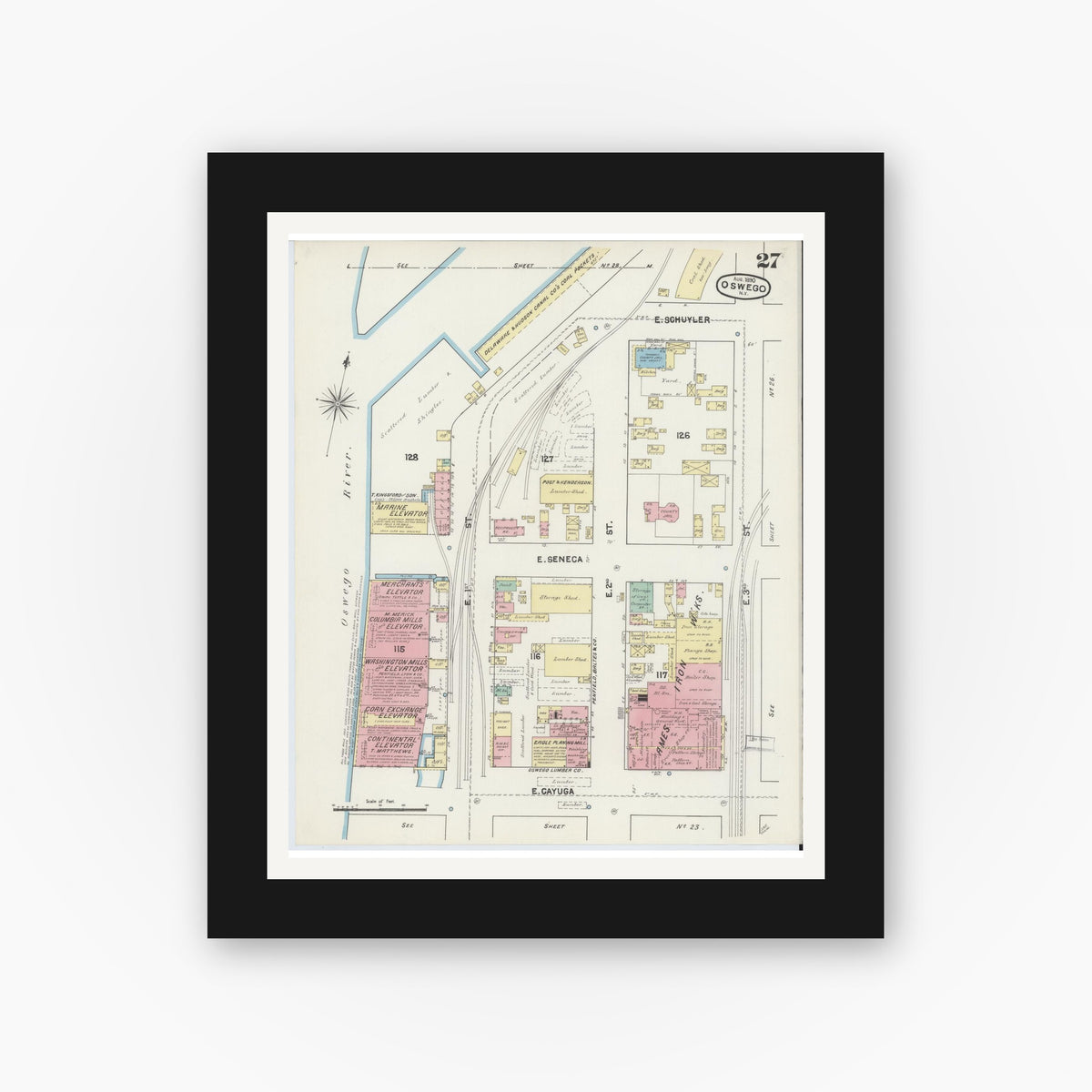 Old map wall art mockup — black gallery frame with white mat — Sanborn Fire Insurance Map from Oswego, Oswego County, New York (1890), Sheet #0027