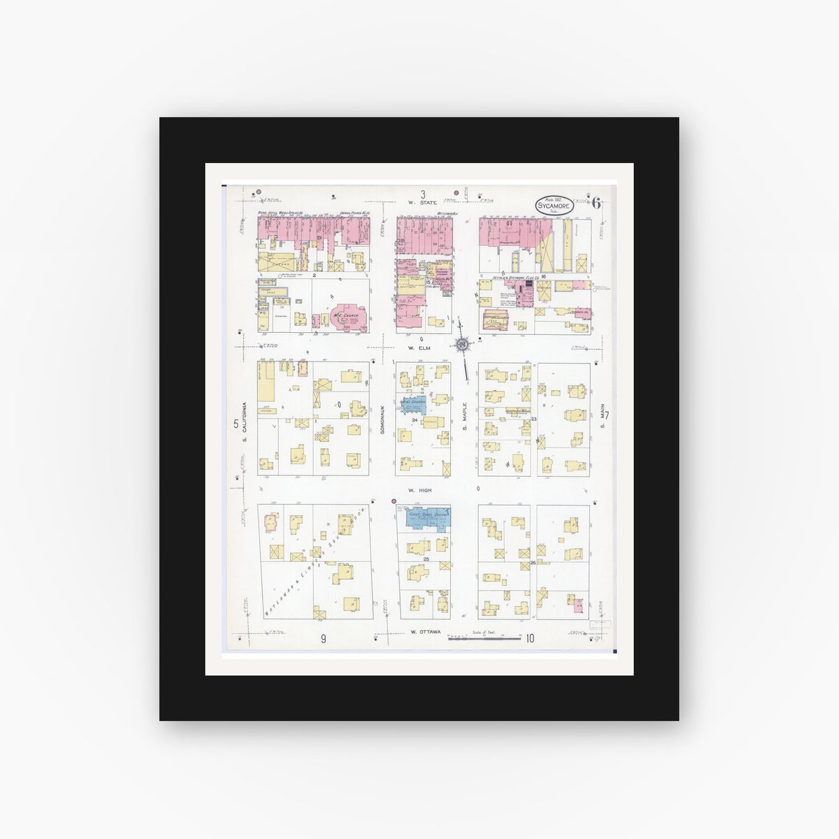 Old map wall art mockup — black gallery frame with white mat — Sanborn Fire Insurance Map from Sycamore, De Kalb County, Illinois (1912), Sheet #0006