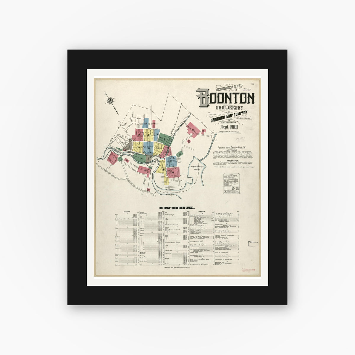 Old map wall art mockup — black gallery frame with white mat — Sanborn Fire Insurance Map from Boonton, Morris County, New Jersey (1909), Sheet #0001