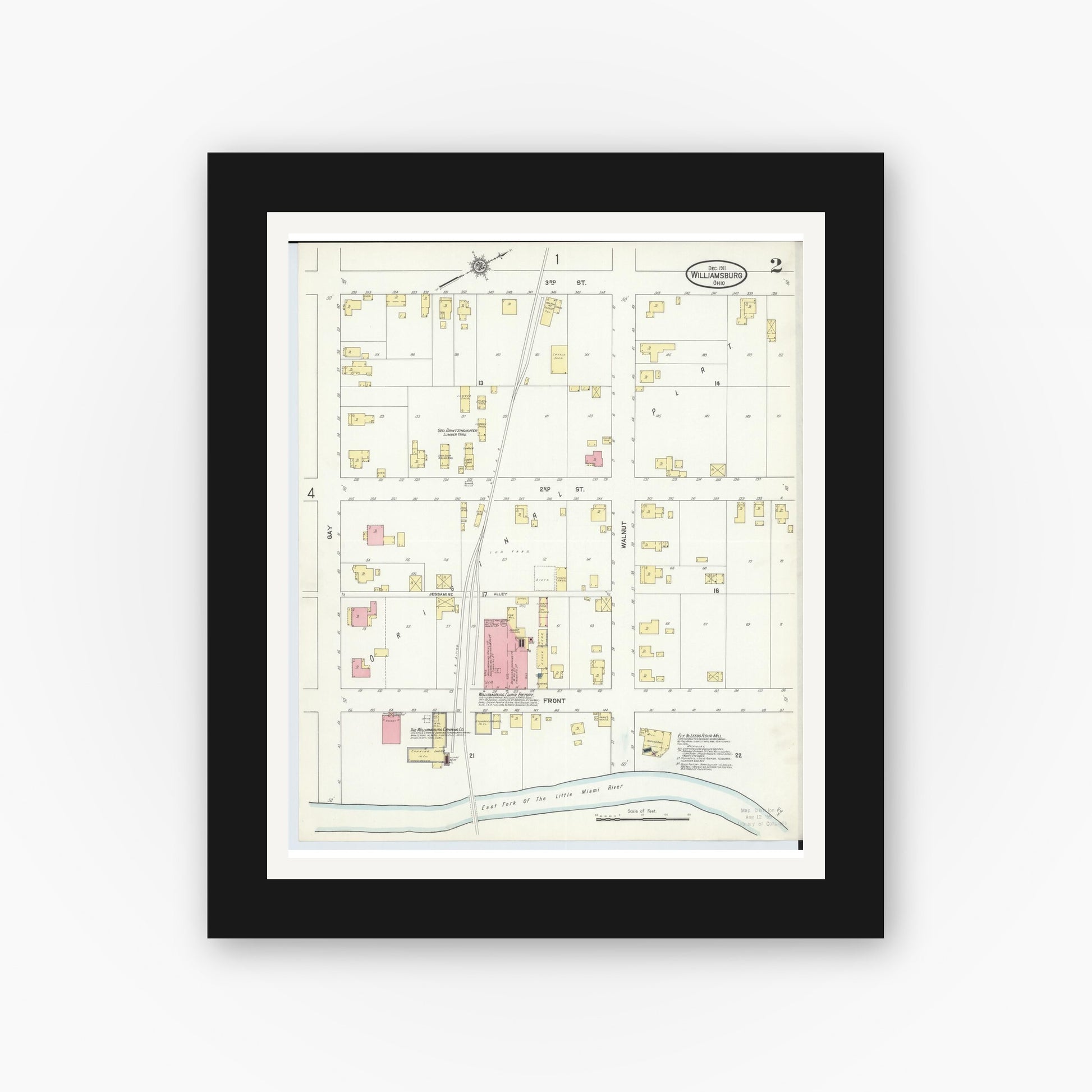 Old map wall art mockup — black gallery frame with white mat — Sanborn Fire Insurance Map from Williamsburg, Clermont County, Ohio (1911), Sheet #0002