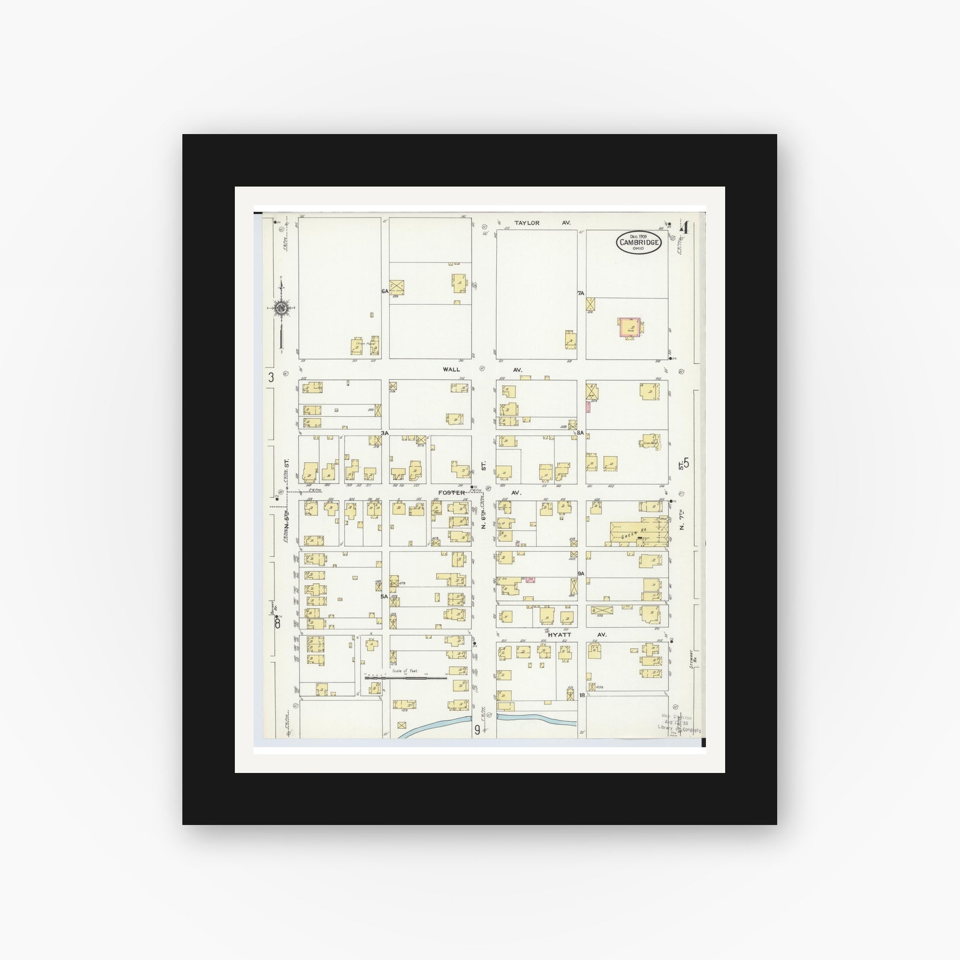 Old map wall art mockup — black gallery frame with white mat — Sanborn Fire Insurance Map from Cambridge, Guernsey County, Ohio (1909), Sheet #0004