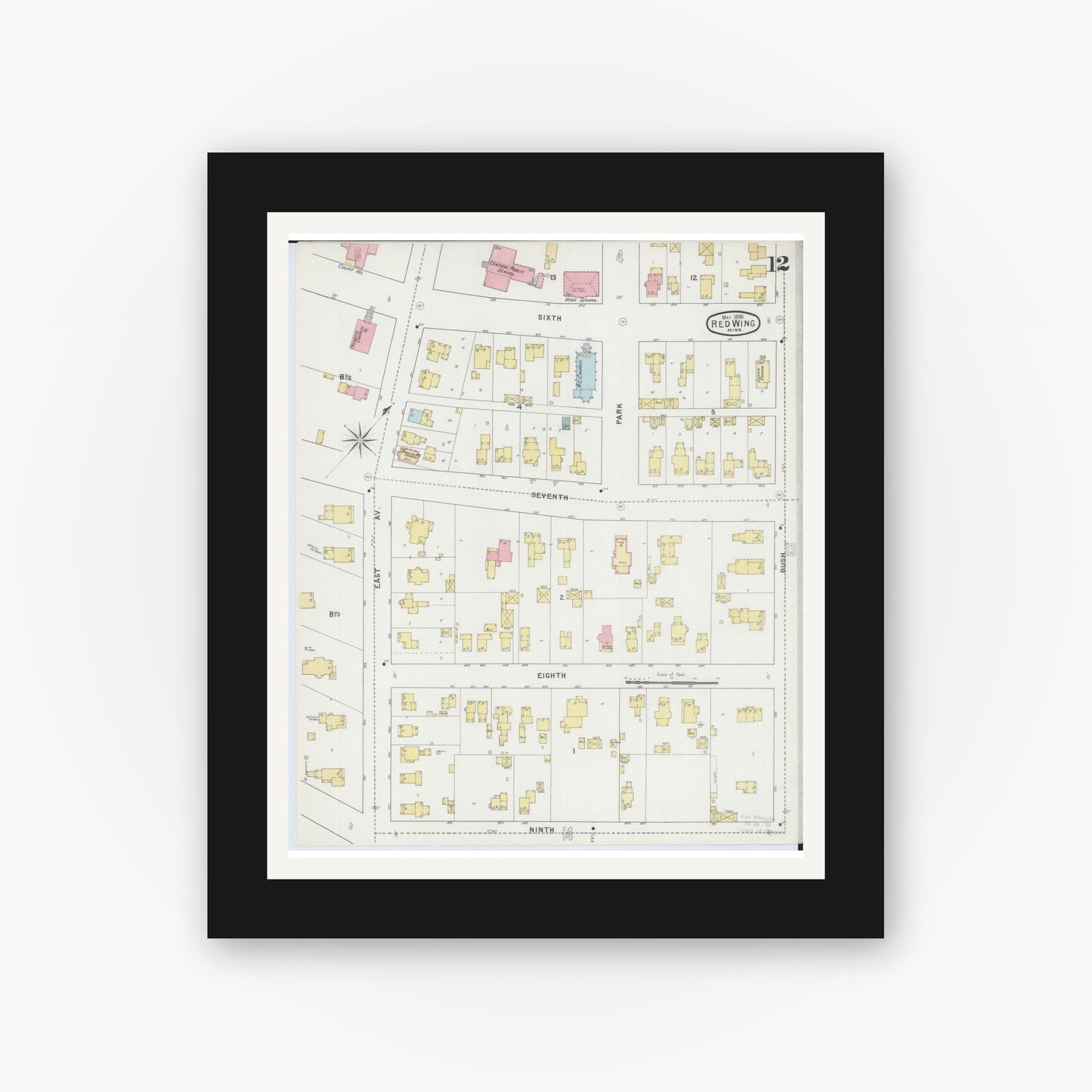 Old map wall art mockup — black gallery frame with white mat — Sanborn Fire Insurance Map from Red Wing, Goodhue County, Minnesota (1895), Sheet #0012