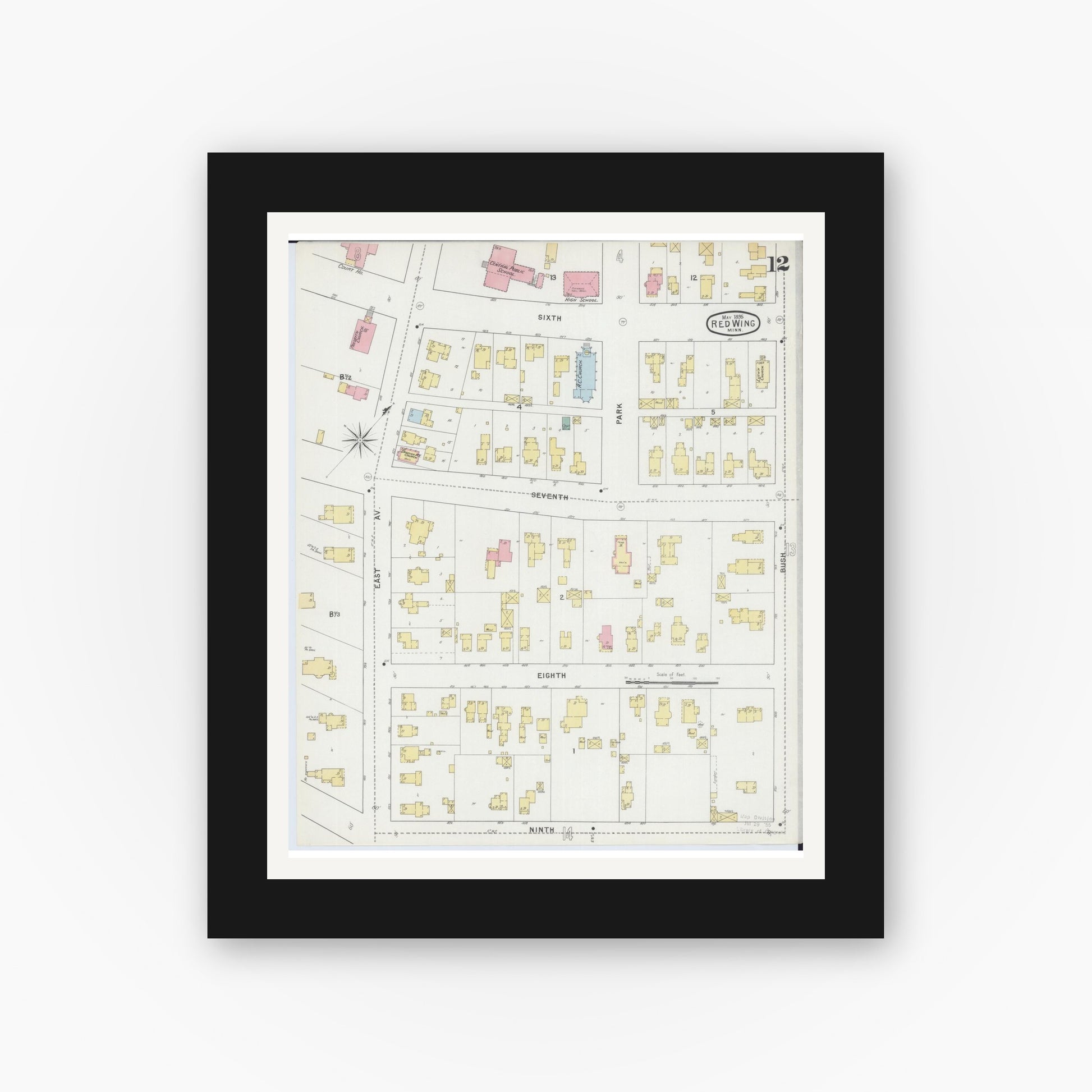 Old map wall art mockup — black gallery frame with white mat — Sanborn Fire Insurance Map from Red Wing, Goodhue County, Minnesota (1895), Sheet #0012