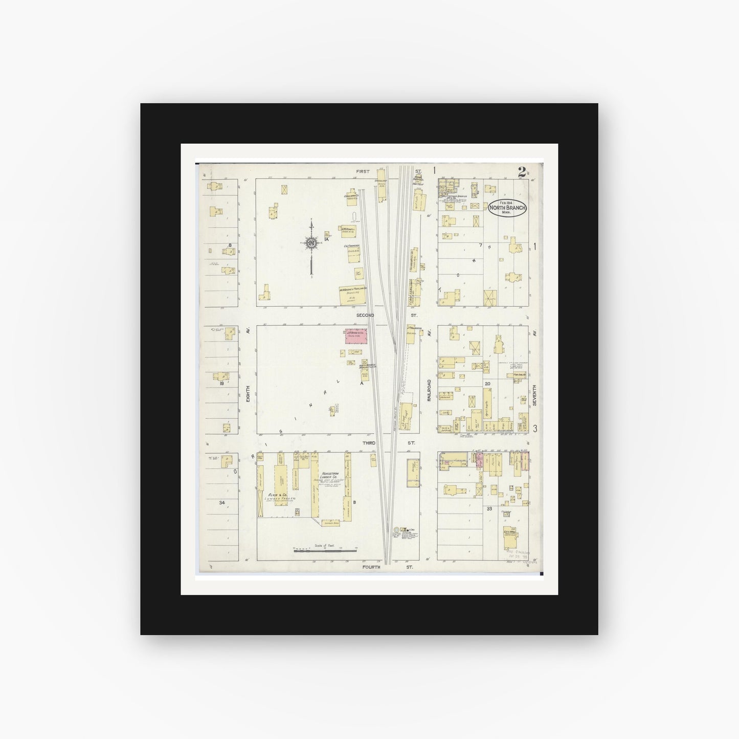 Old map wall art mockup — black gallery frame with white mat — Sanborn Fire Insurance Map from North Branch, Chisago County, Minnesota (1914), Sheet #0002