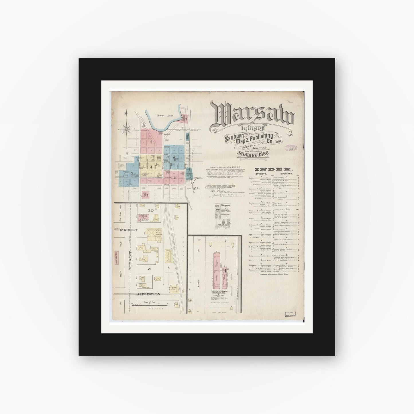 Old map wall art mockup — black gallery frame with white mat — Sanborn Fire Insurance Map from Warsaw, Kosciusko County, Indiana (1886), Sheet #0001