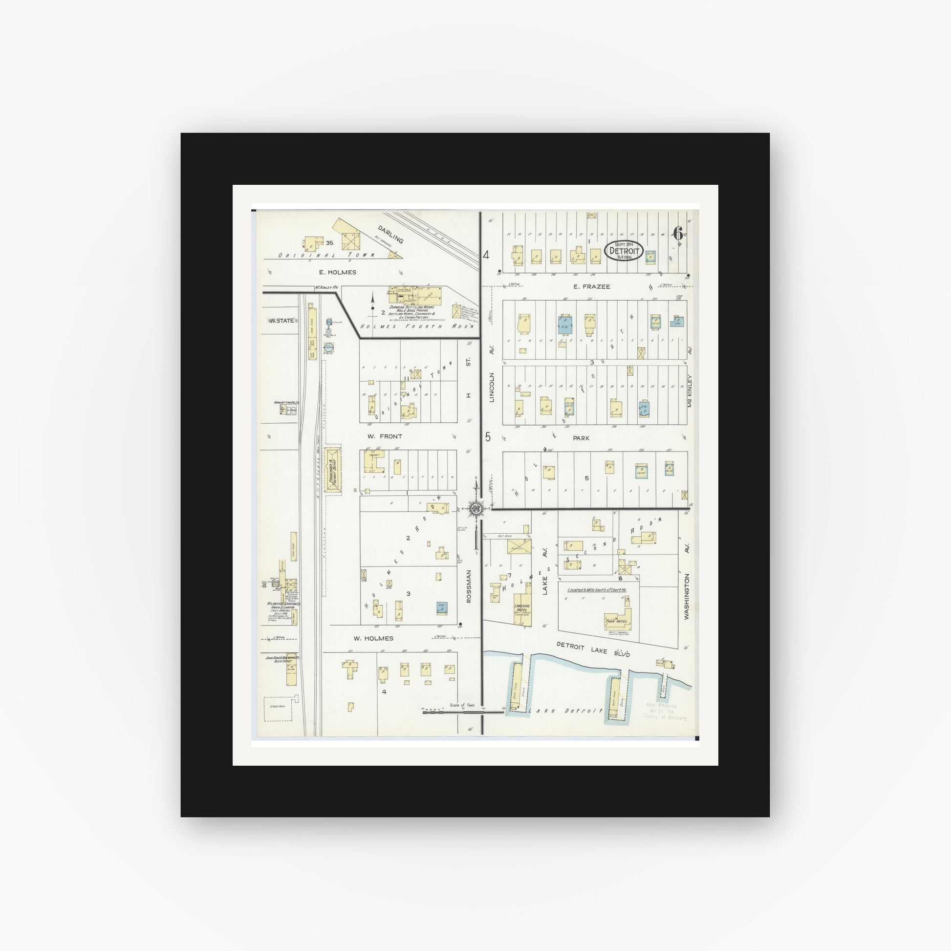 Old map wall art mockup — black gallery frame with white mat — Sanborn Fire Insurance Map from Detroit Lakes, Becker County, Minnesota (1914), Sheet #0006