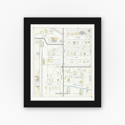 Old map wall art mockup — black gallery frame with white mat — Sanborn Fire Insurance Map from Detroit Lakes, Becker County, Minnesota (1914), Sheet #0006