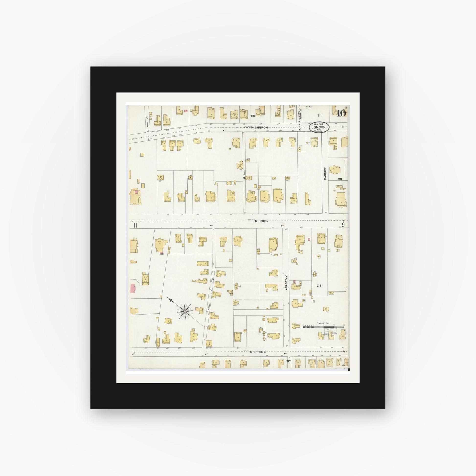 Old map wall art mockup — black gallery frame with white mat — Sanborn Fire Insurance Map from Concord, Cabarrus County, North Carolina (1906), Sheet #0010
