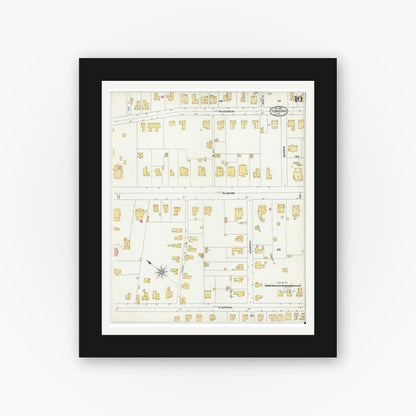 Old map wall art mockup — black gallery frame with white mat — Sanborn Fire Insurance Map from Concord, Cabarrus County, North Carolina (1906), Sheet #0010