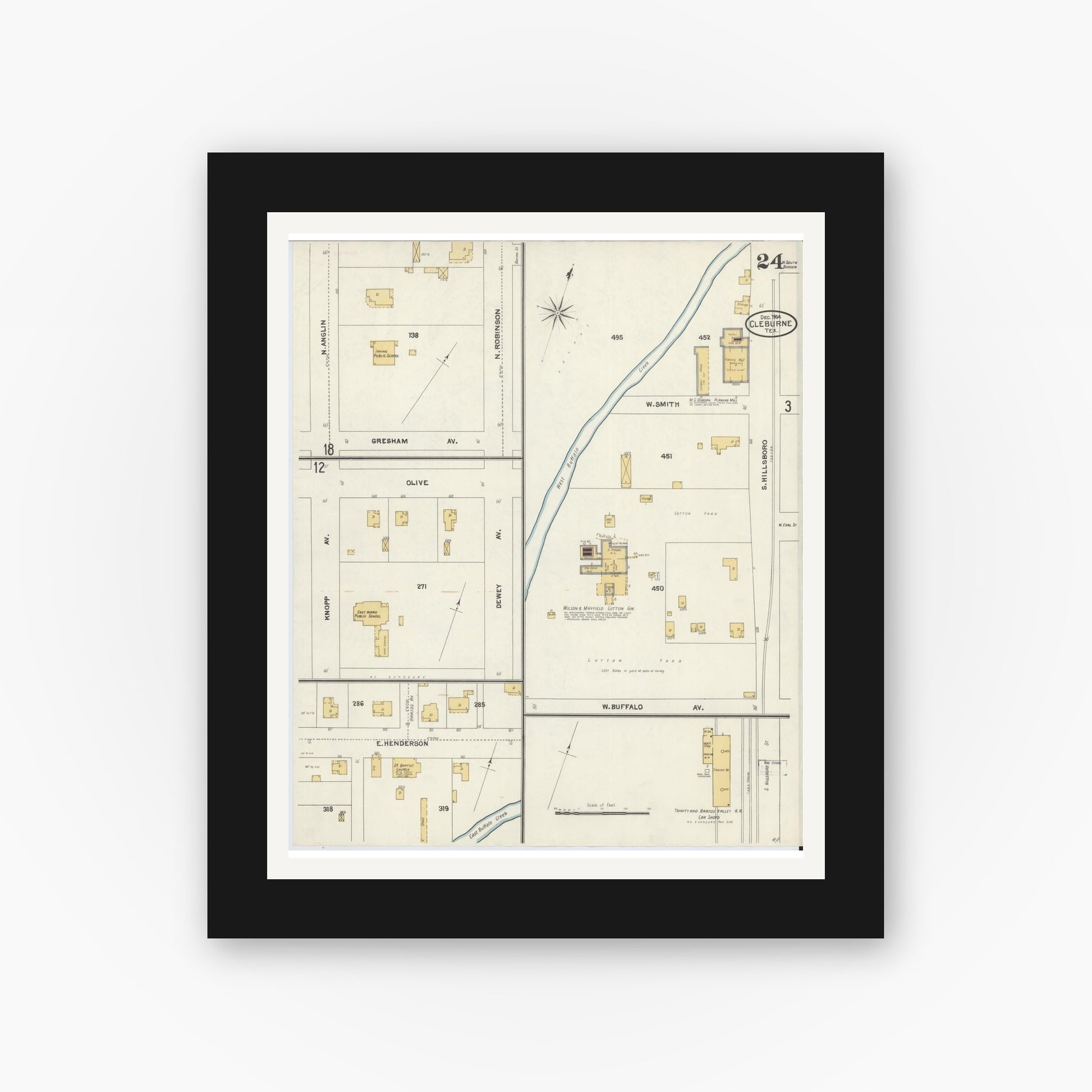 Old map wall art mockup — black gallery frame with white mat — Sanborn Fire Insurance Map from Cleburne, Johnson County, Texas (1904), Sheet #0024