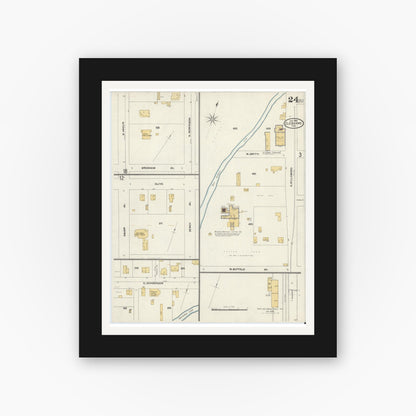 Old map wall art mockup — black gallery frame with white mat — Sanborn Fire Insurance Map from Cleburne, Johnson County, Texas (1904), Sheet #0024
