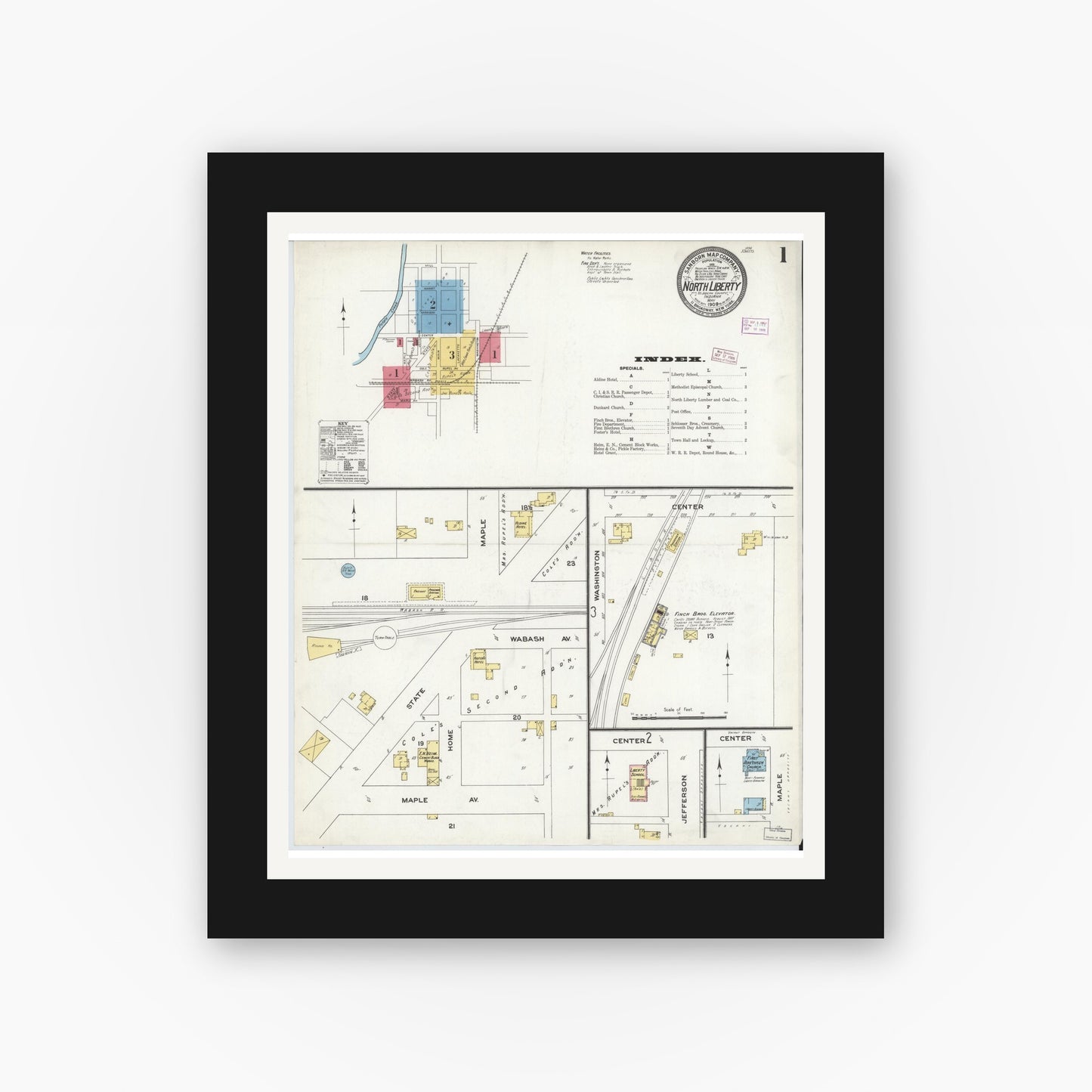Old map wall art mockup — black gallery frame with white mat — Sanborn Fire Insurance Map from North Liberty, Saint Joseph County, Indiana (1909) - Complete Map Set