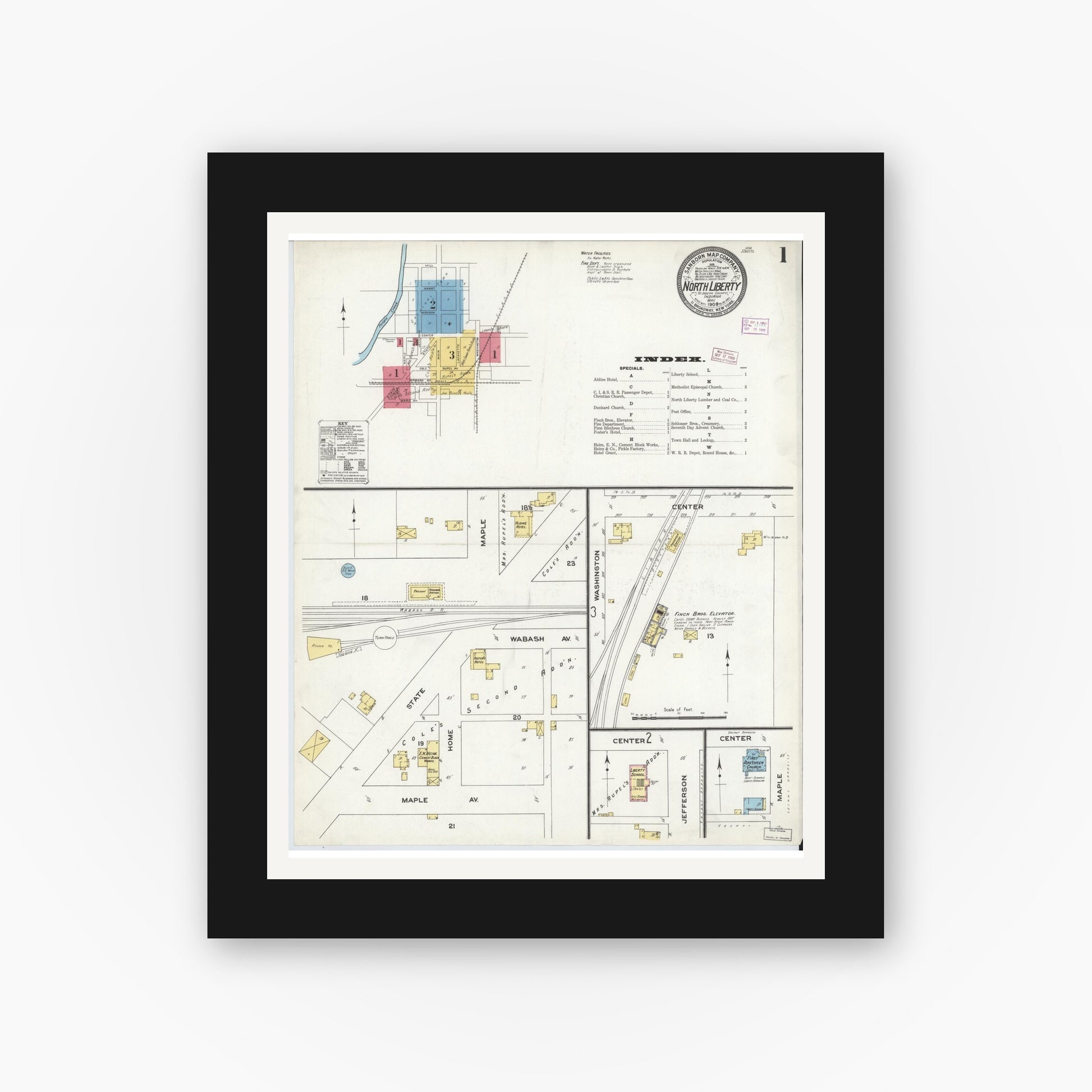 Old map wall art mockup — black gallery frame with white mat — Sanborn Fire Insurance Map from North Liberty, Saint Joseph County, Indiana (1909) - Complete Map Set