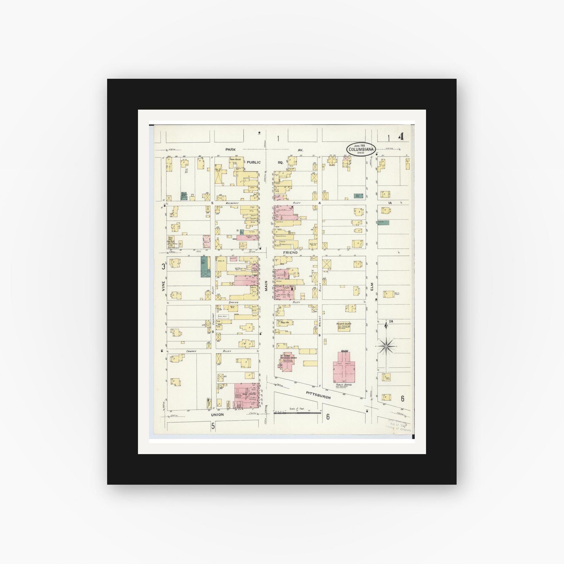 Old map wall art mockup — black gallery frame with white mat — Sanborn Fire Insurance Map from Columbiana, Columbiana County, Ohio (1909), Sheet #0004