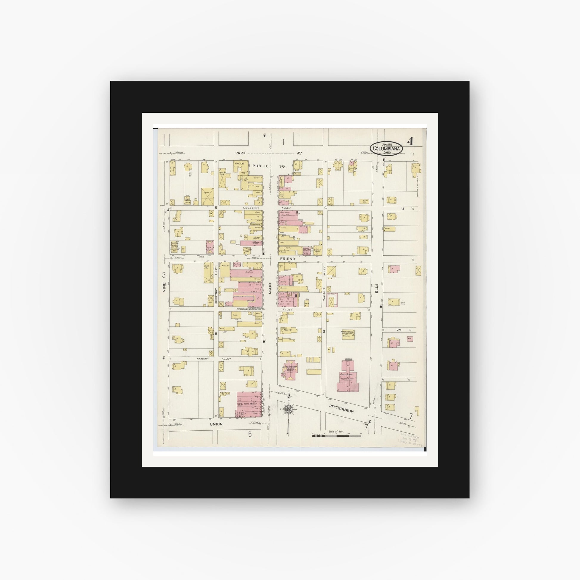 Old map wall art mockup — black gallery frame with white mat — Sanborn Fire Insurance Map from Columbiana, Columbiana County, Ohio (1915), Sheet #0004