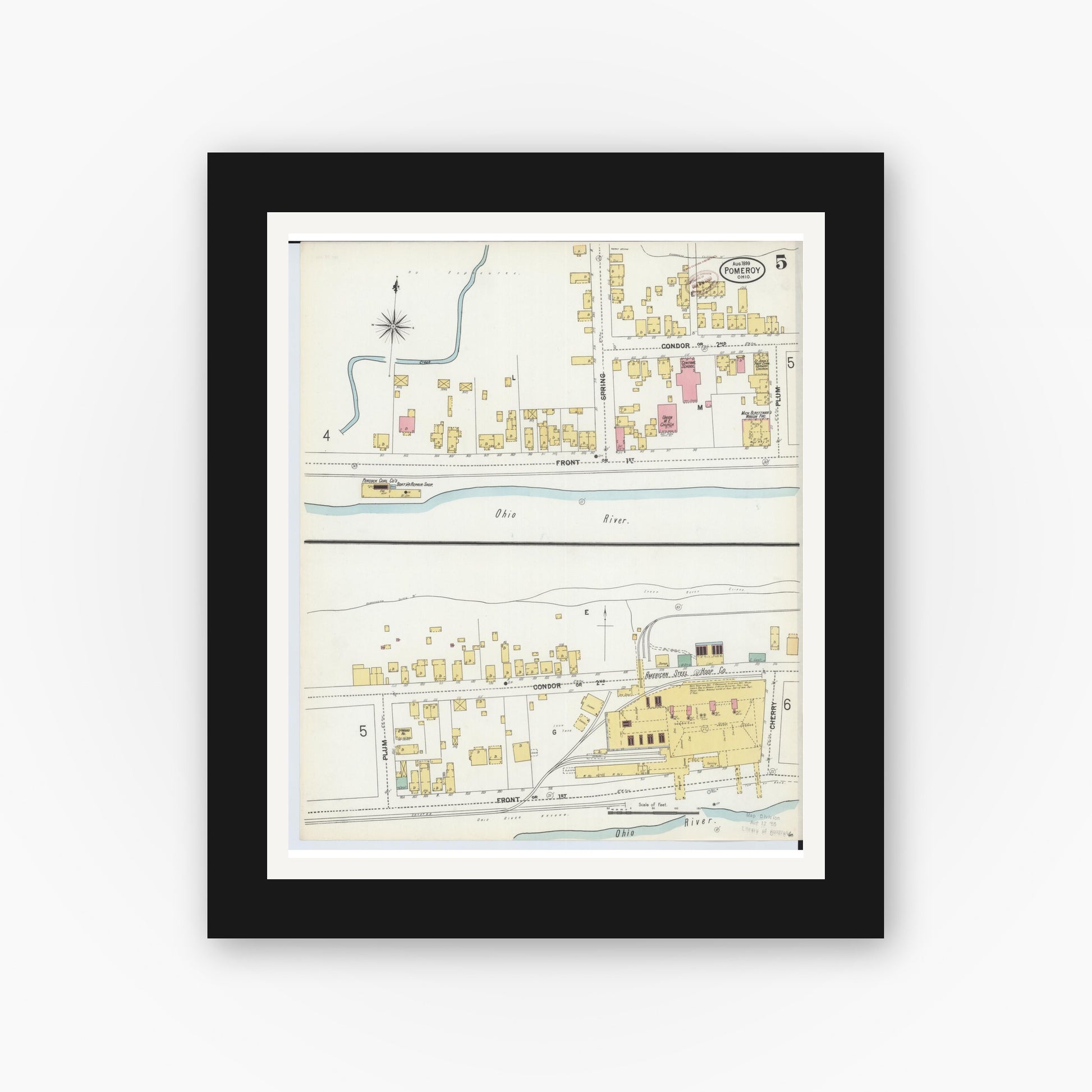 Old map wall art mockup — black gallery frame with white mat — Sanborn Fire Insurance Map from Pomeroy, Meigs County, Ohio (1899), Sheet #0005