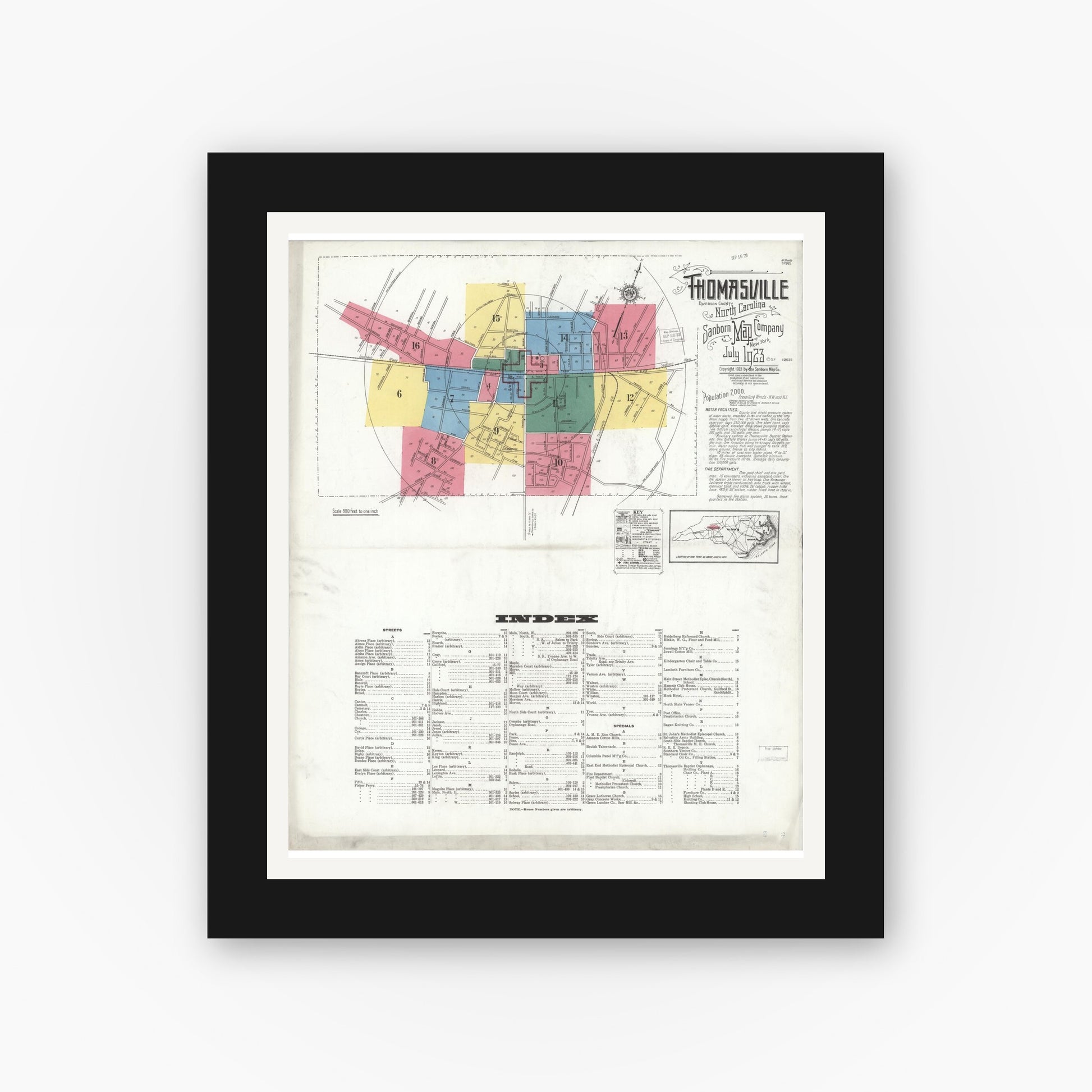 Old map wall art mockup — black gallery frame with white mat — Sanborn Fire Insurance Map from Thomasville, Davidson County, North Carolina (1923), Sheet #0001